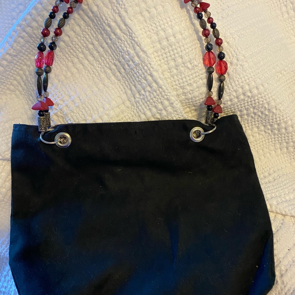Boutique black suede handbag with beaded straps